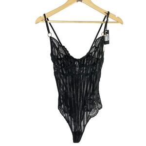 Mapale Striped Mesh Lace Bodysuit Black Size Medium